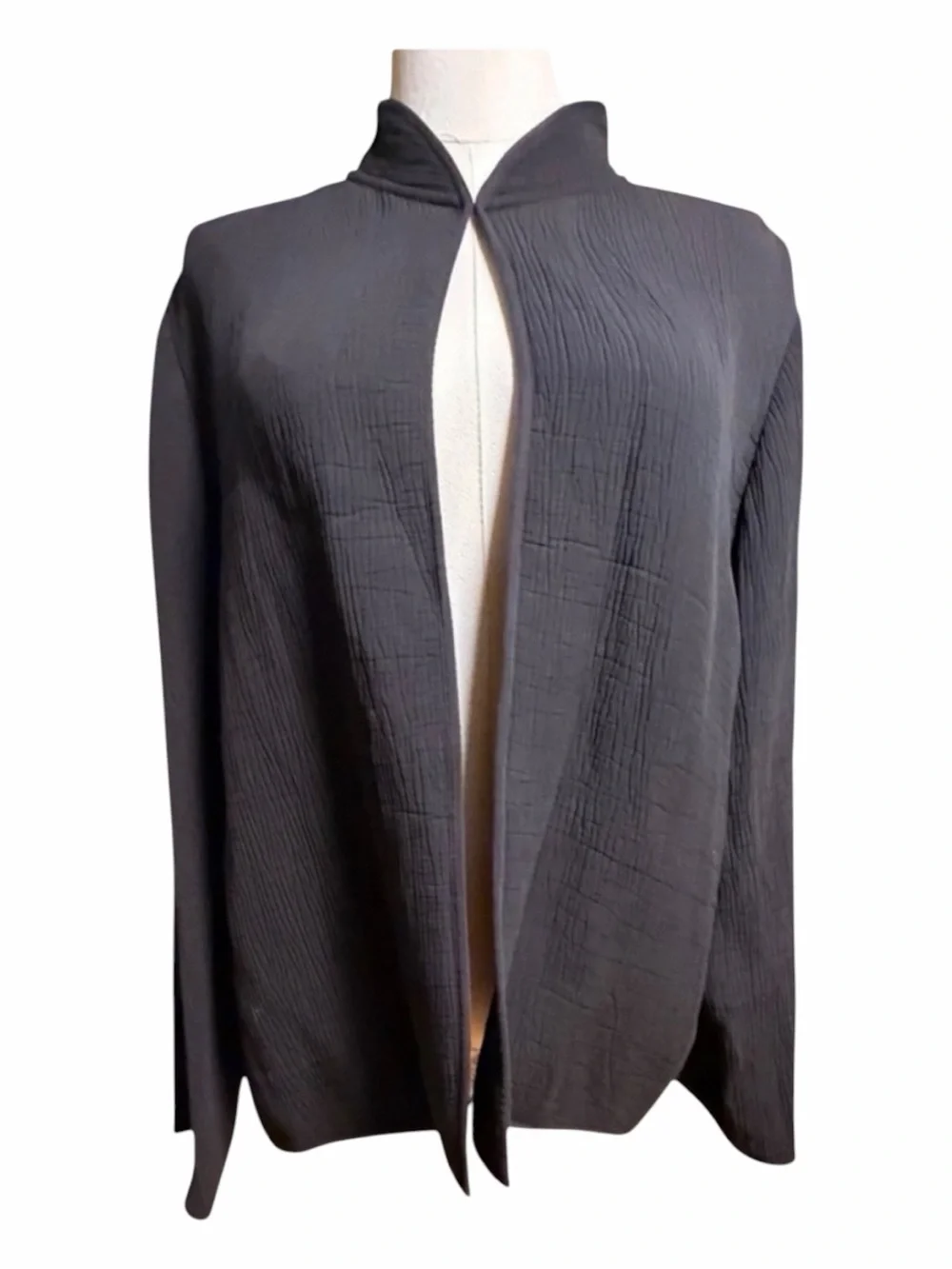 Eileen Fisher Silk Blend Crinkle Textured Open Front‎ Jacket Cardigan Black M